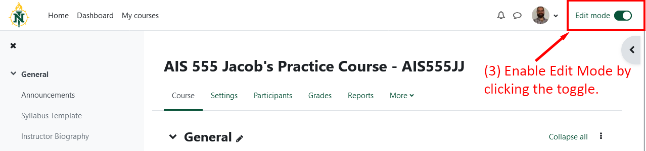 Course page with edit mode toggle highlighted.