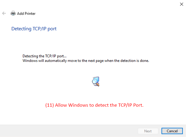 Add Printer dialog detecting TCP/IP port with a magnifying glass icon displayed.