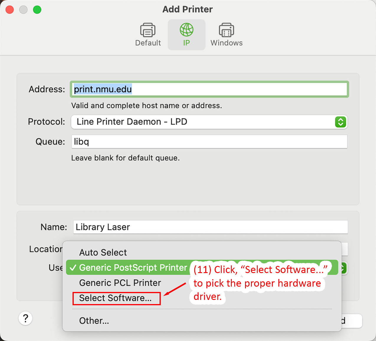 Add Printer window highlighting Select Software option  