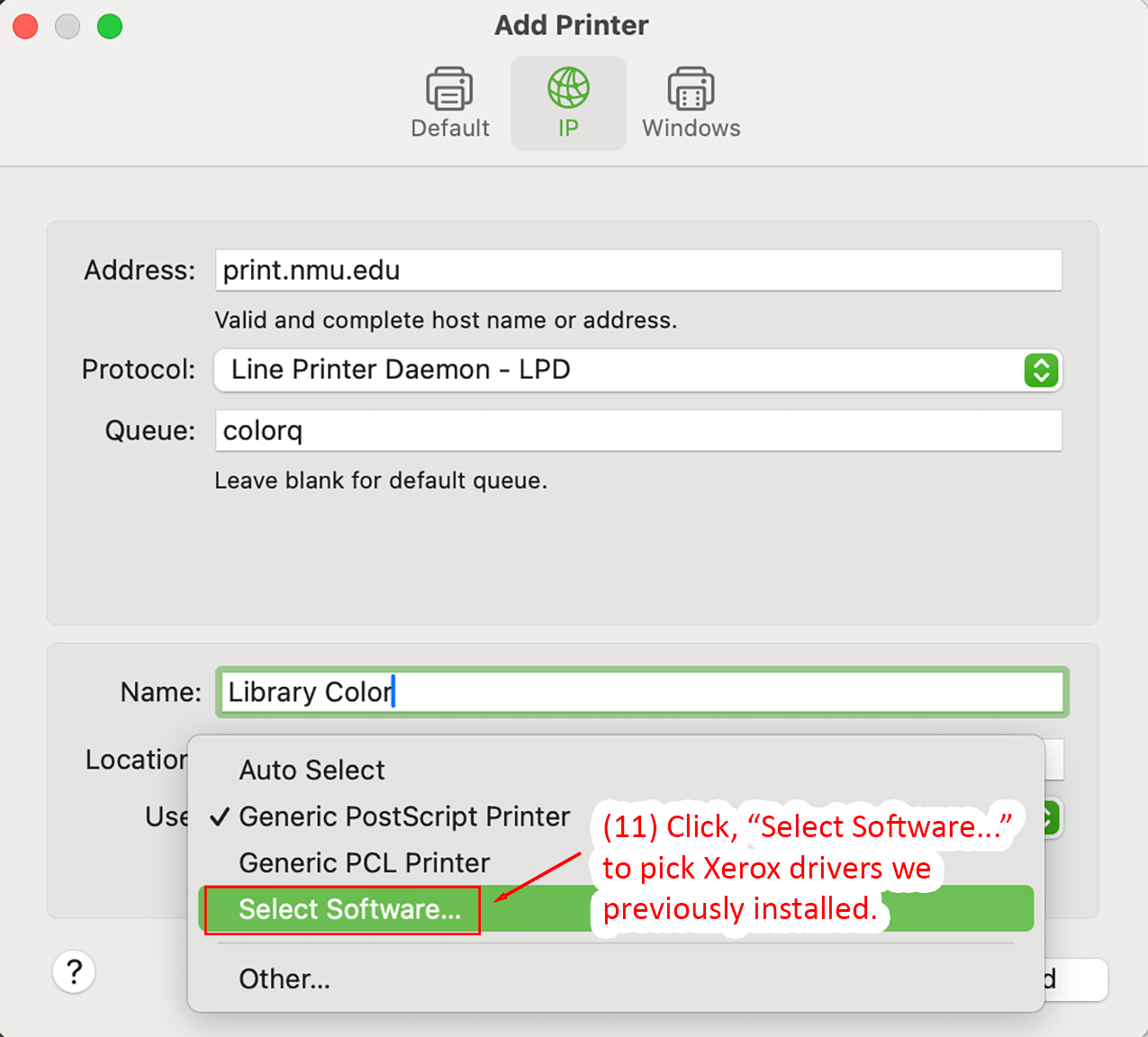 Add Printer window highlighting Select Software option for color printer  