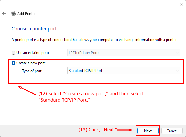 Add Printer dialog highlighting the Create a new port option with Standard TCP/IP Port selected.