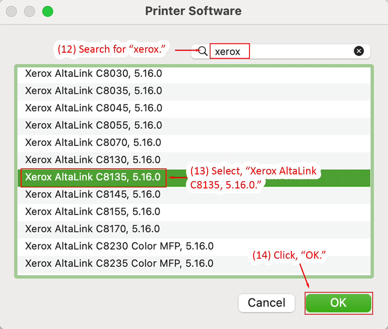 Printer Software window with Xerox AltaLink C8135 selected  