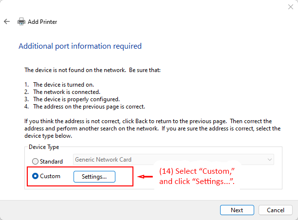 Add Printer dialog with Custom option selected and the Settings button highlighted.