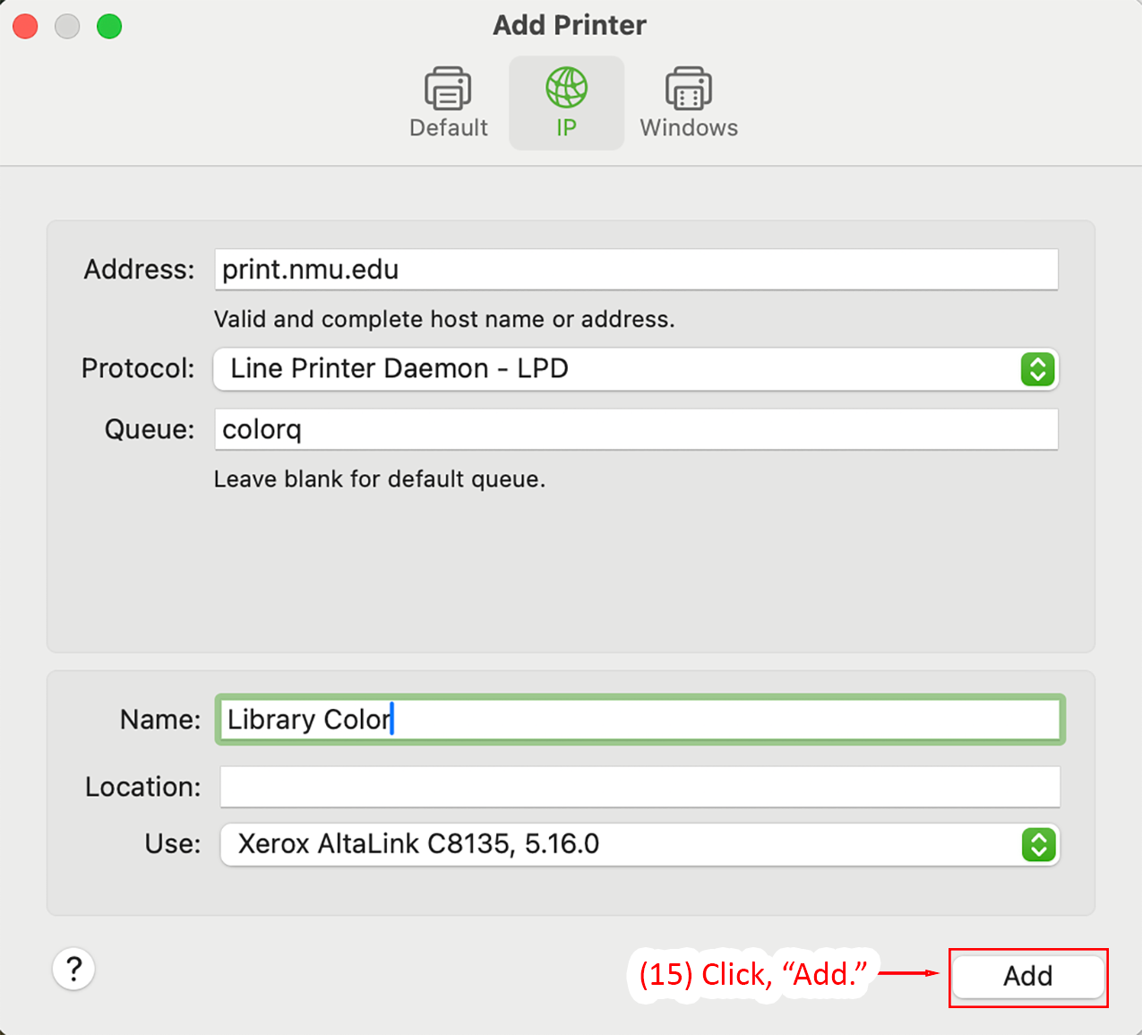 Add Printer window with Add button highlighted for color printer  