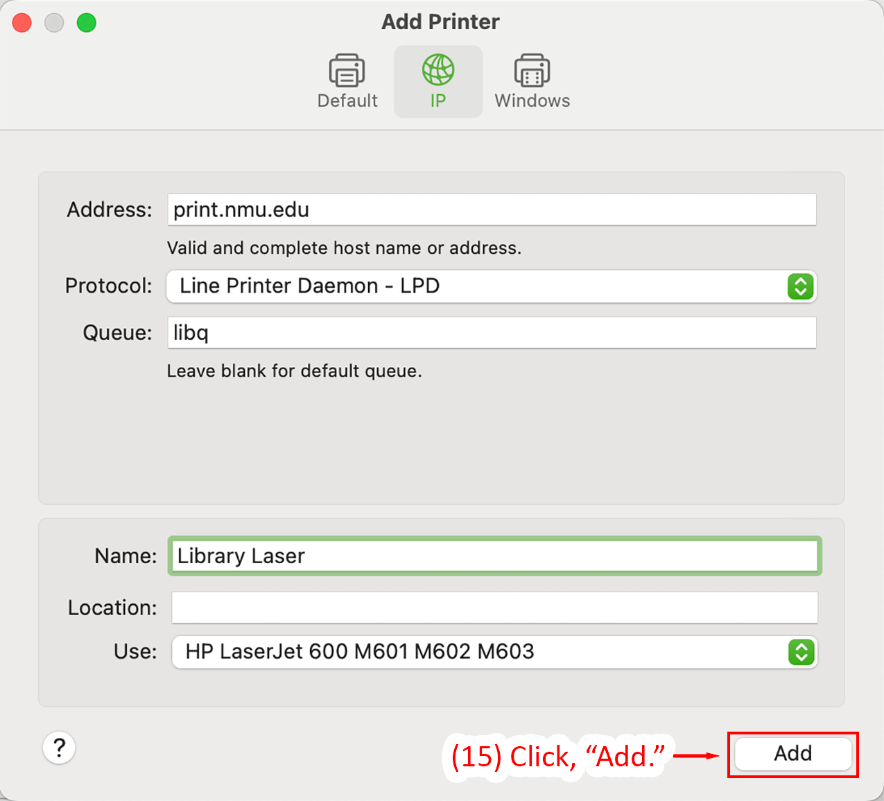 Add Printer window with Add button highlighted  