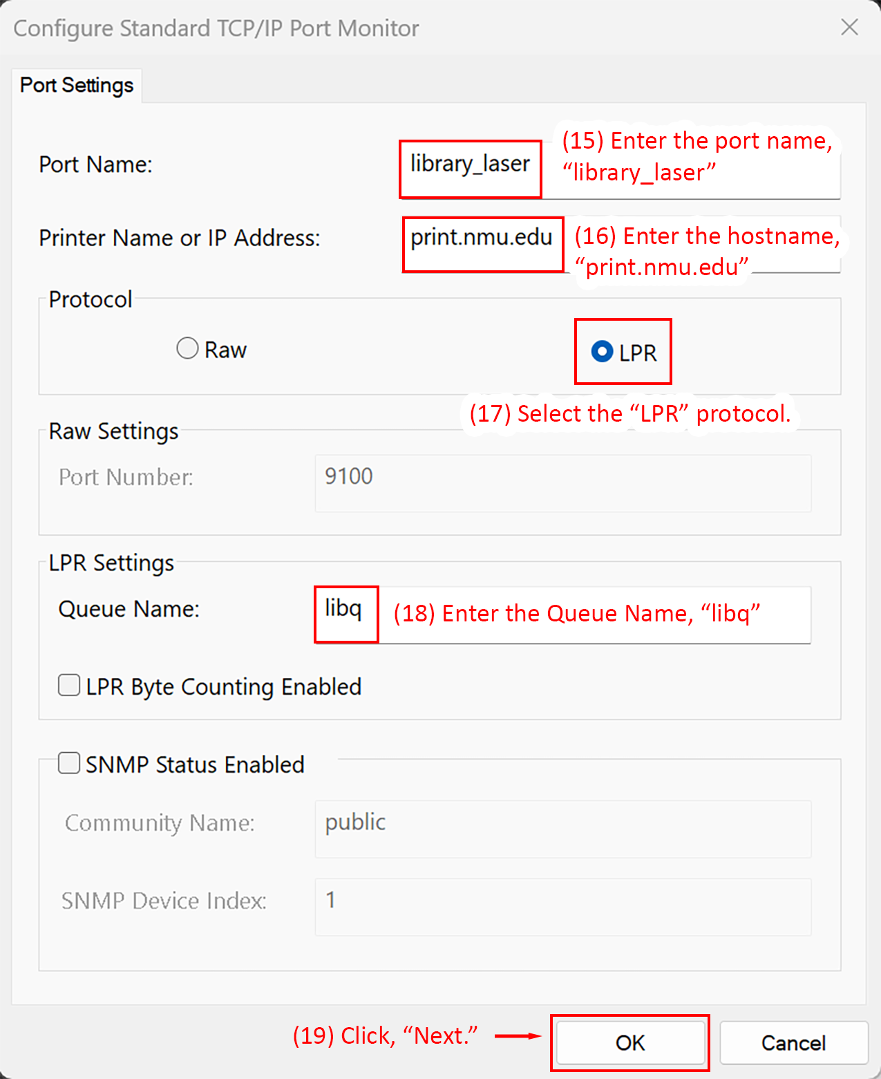 TCP/IP Port Monitor dialog with port name, hostname, and protocol options highlighted.