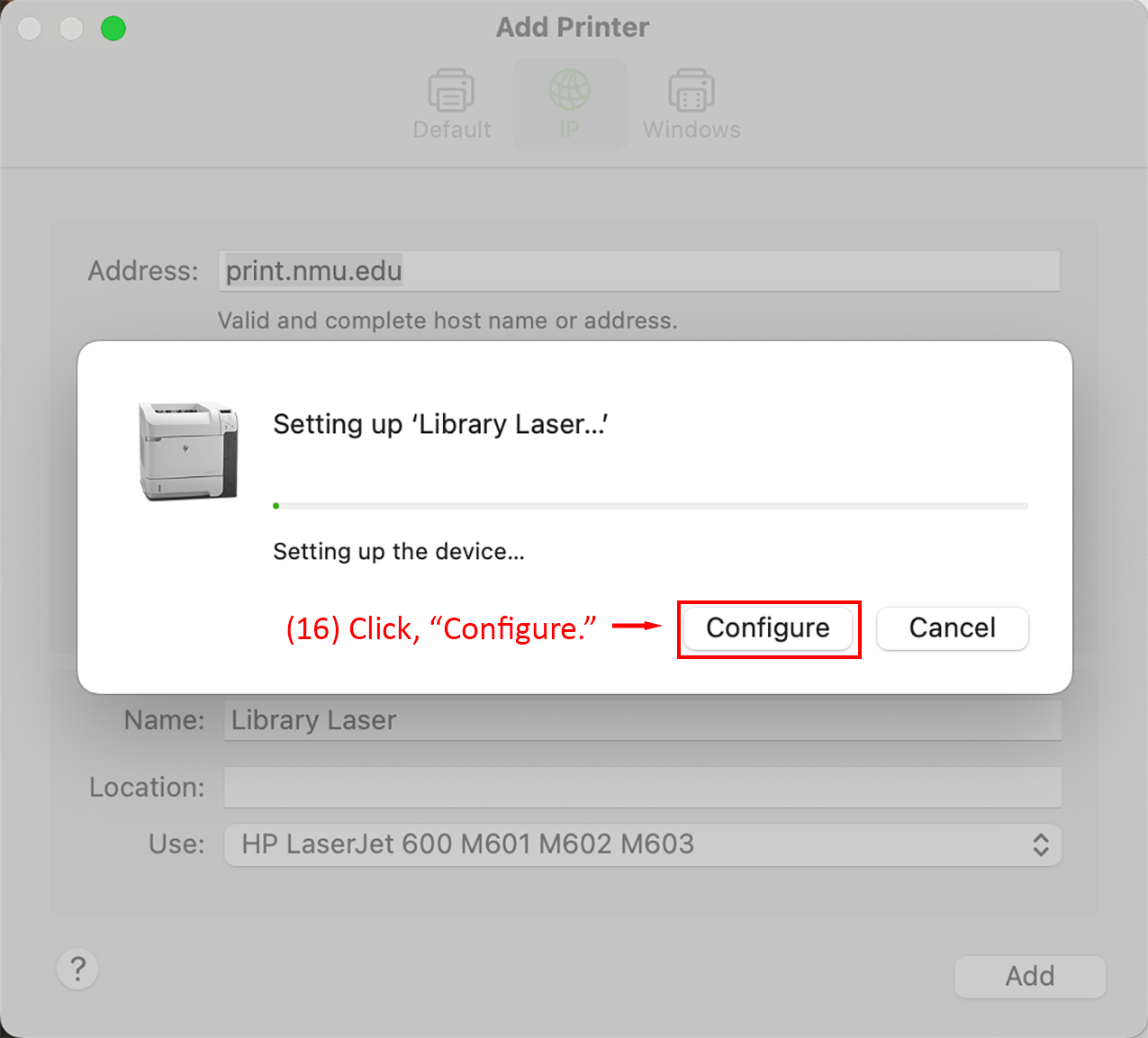 Configuration dialog with Configure button highlighted  