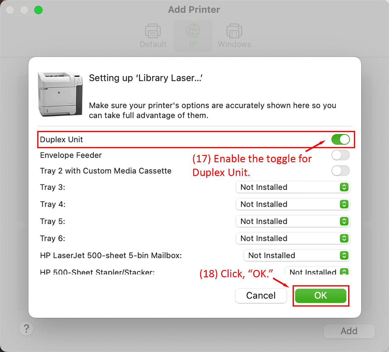 Printer setup dialog with Duplex Unit toggle enabled and OK button highlighted  