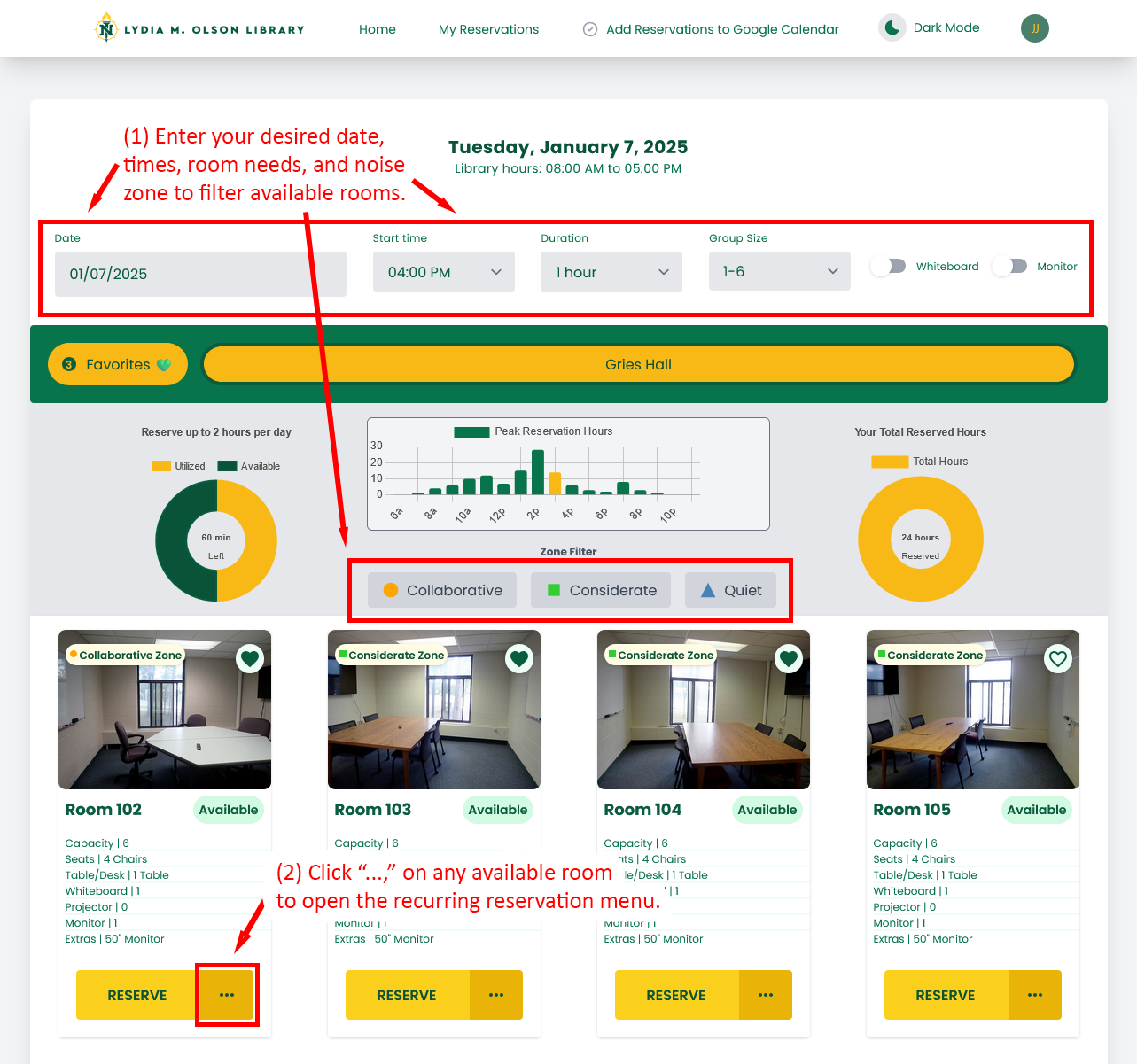 Interface showing how to open the recurring reservation menu.