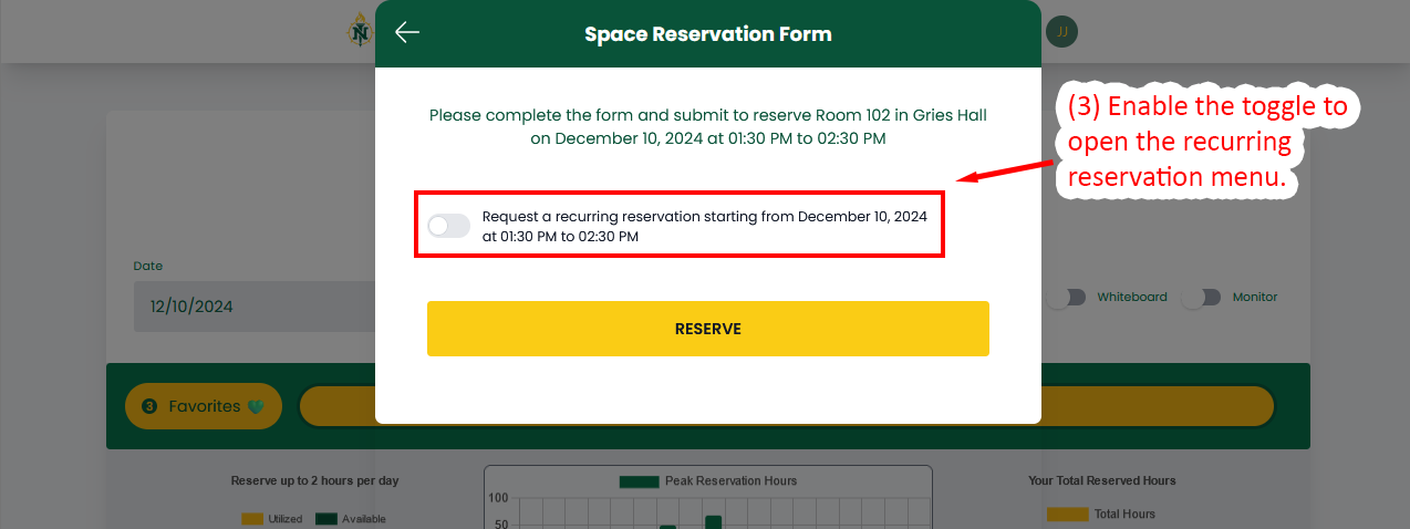 Form interface showing how to enable recurring reservations.