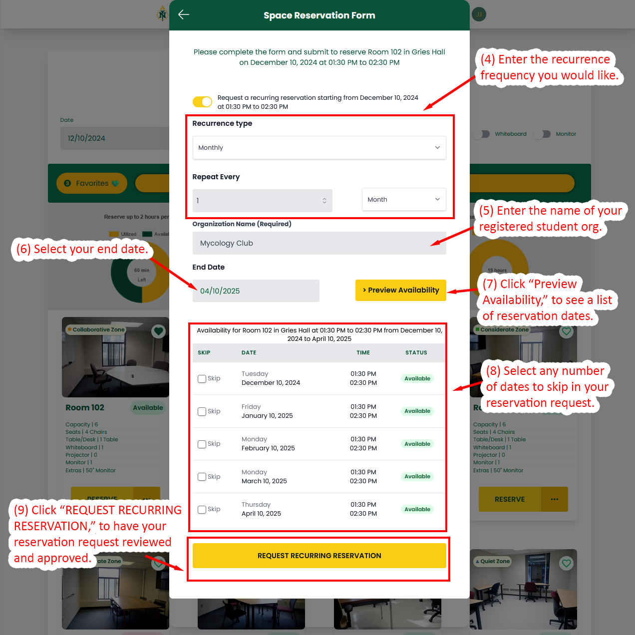 Form interface for creating a recurring reservation.