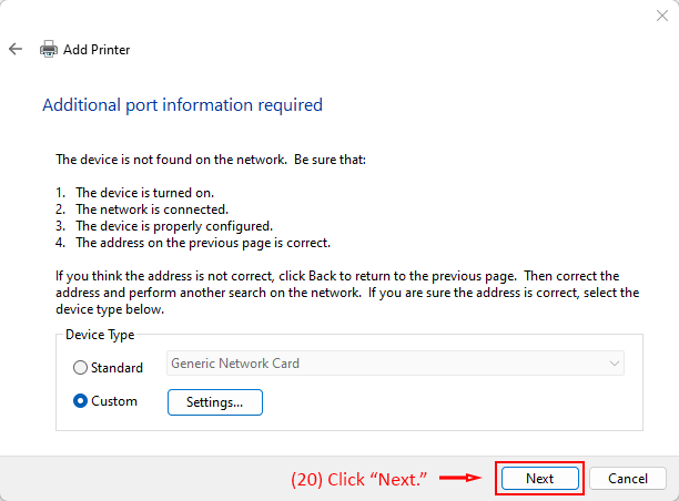 Add Printer dialog with Custom port settings selected and the Next button highlighted.