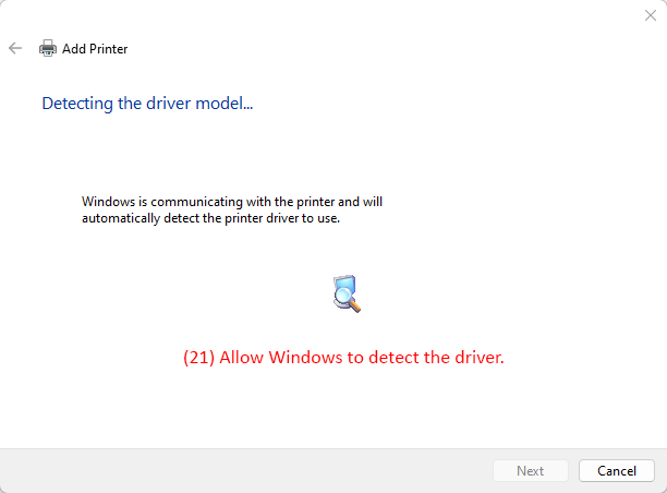 Add Printer dialog detecting the printer driver model with a magnifying glass icon displayed.