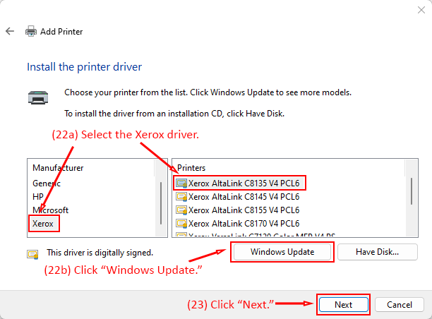 Add Printer dialog showing driver selection for Xerox printers with Windows Update highlighted.