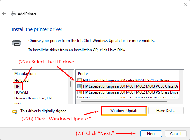 Add Printer dialog showing driver selection for HP printers with Windows Update highlighted.