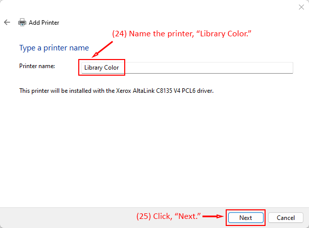 Add Printer dialog with "Library Color" entered as the printer name and Next button highlighted.