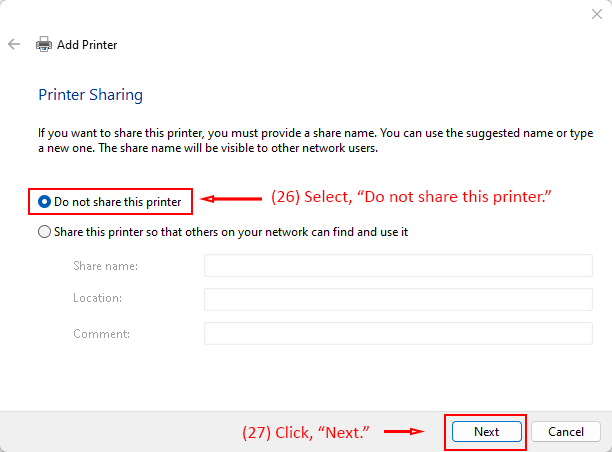 Add Printer dialog with "Do not share this printer" selected and Next button highlighted.