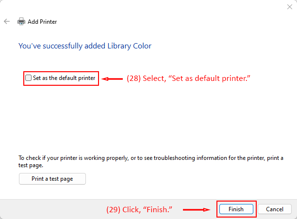 Add Printer dialog with "Set as the default printer" option and Finish button highlighted.