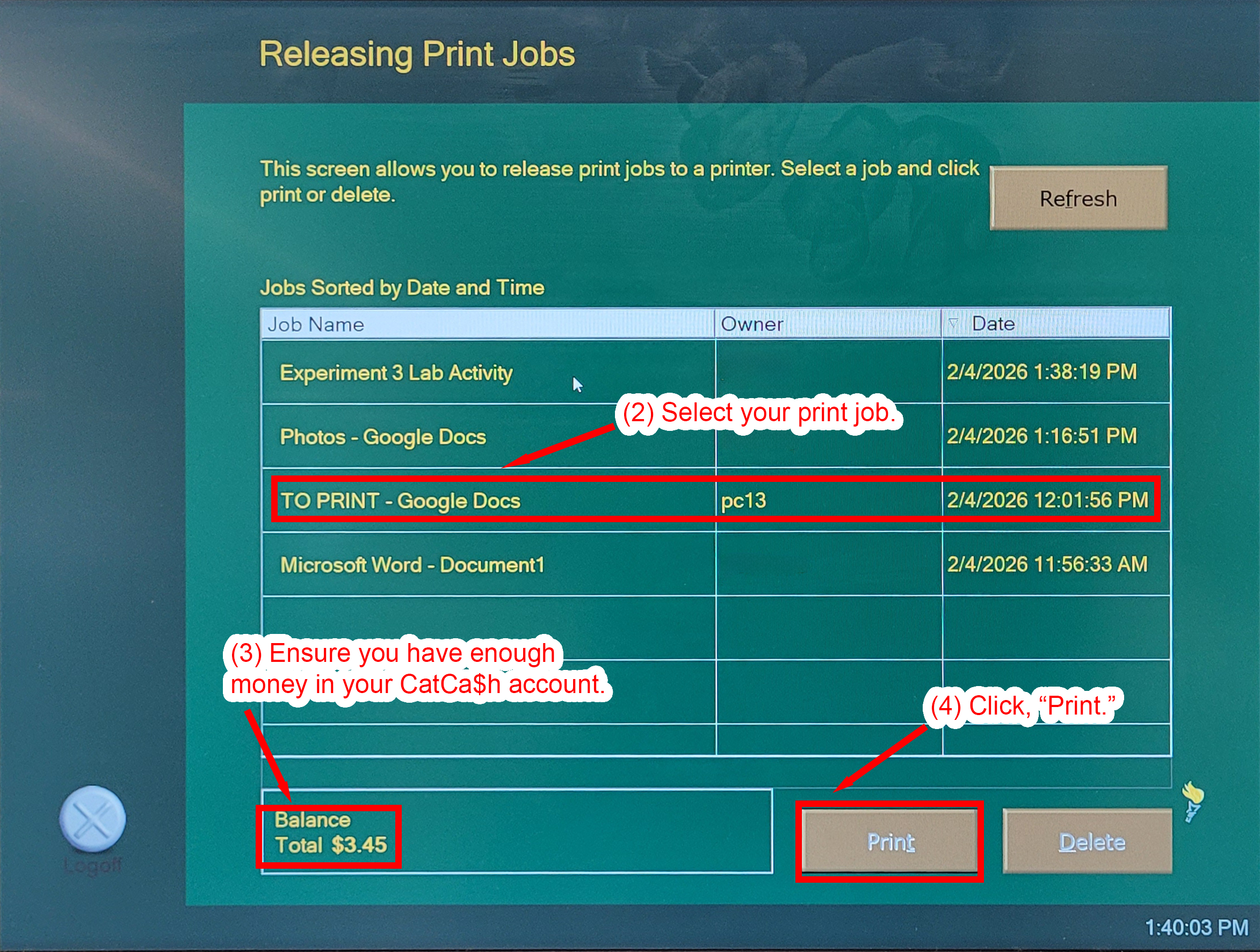 Print release screen showing job list, account balance, and Print button.