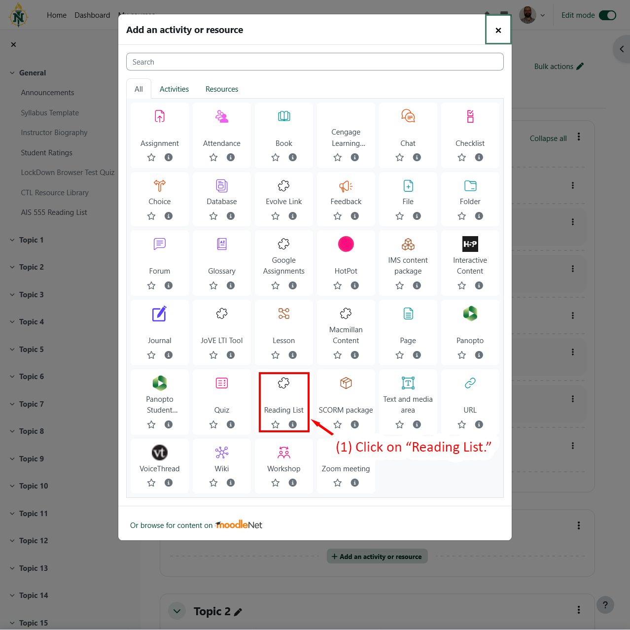 Dialog showing resource type selection.