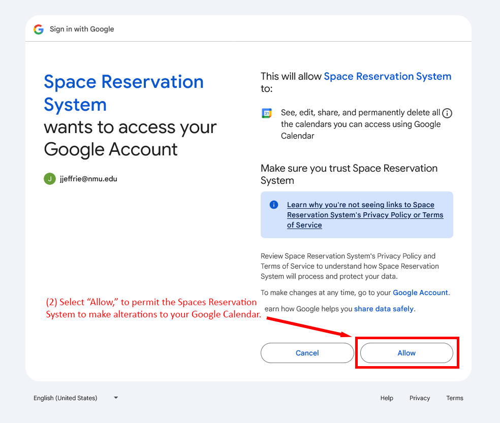 Google account permissions page for the Space Reservation System.