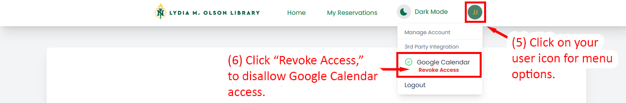 Menu options to revoke Google Calendar access.