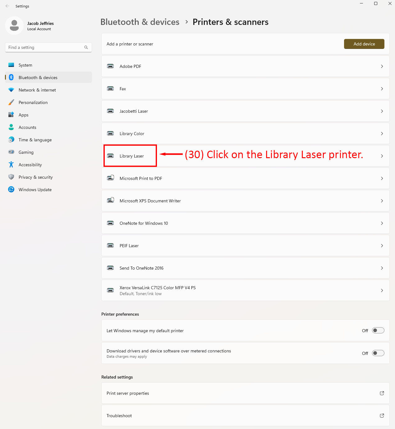 Printers & Scanners settings with Library Laser printer highlighted.