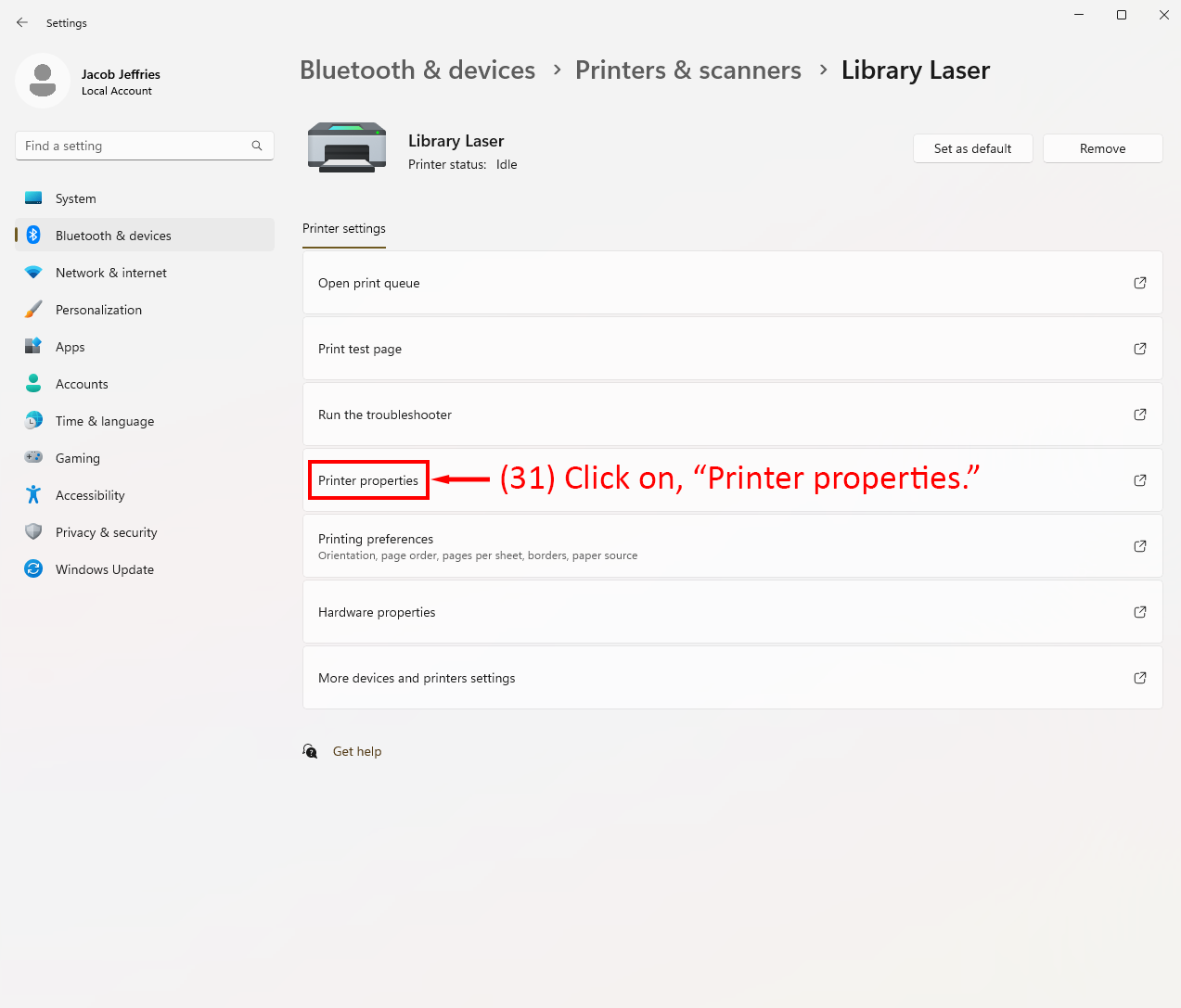 Library Laser printer settings with Printer properties option highlighted.