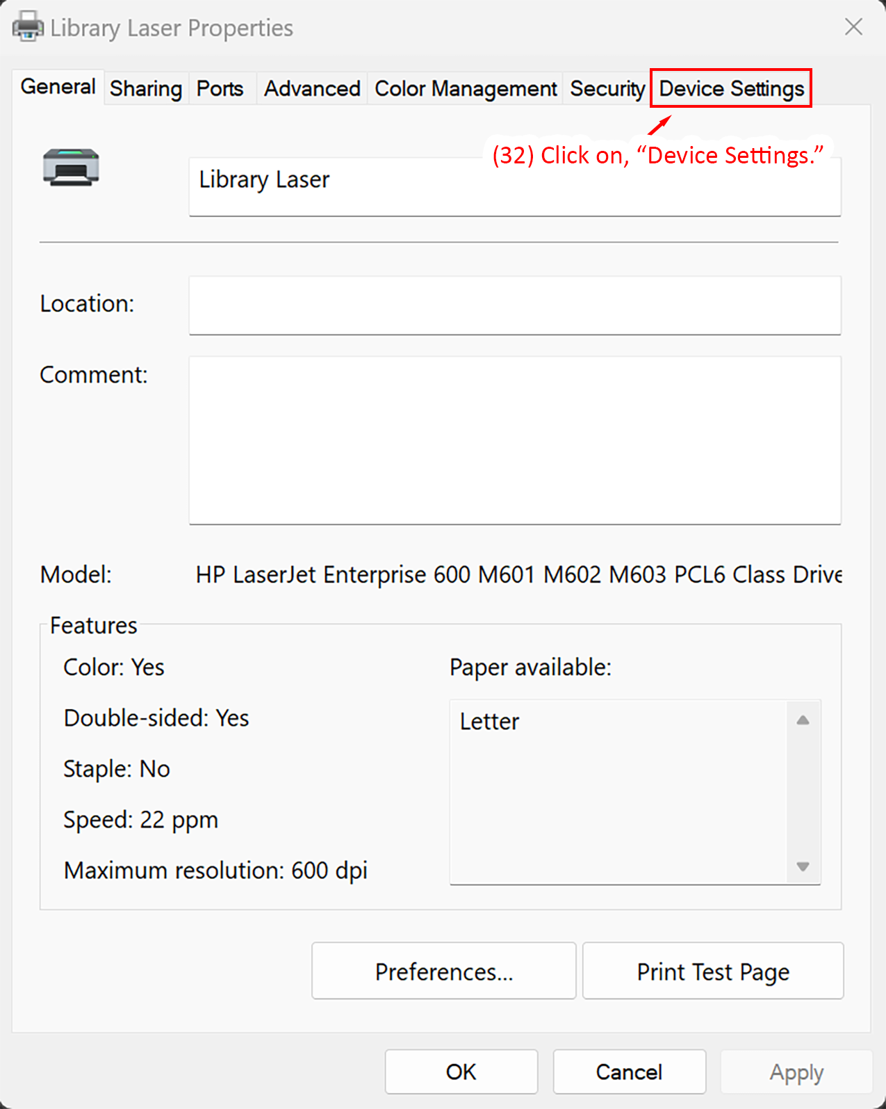 Library Laser Properties dialog with Device Settings tab highlighted.