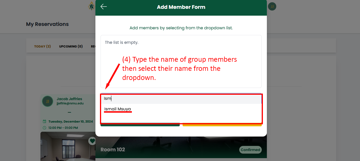 Form showing how to add group members to a reservation.