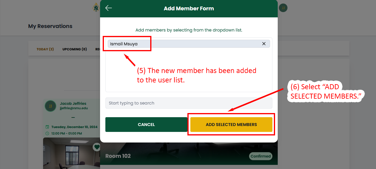 Form showing confirmation of selected group members to a reservation.