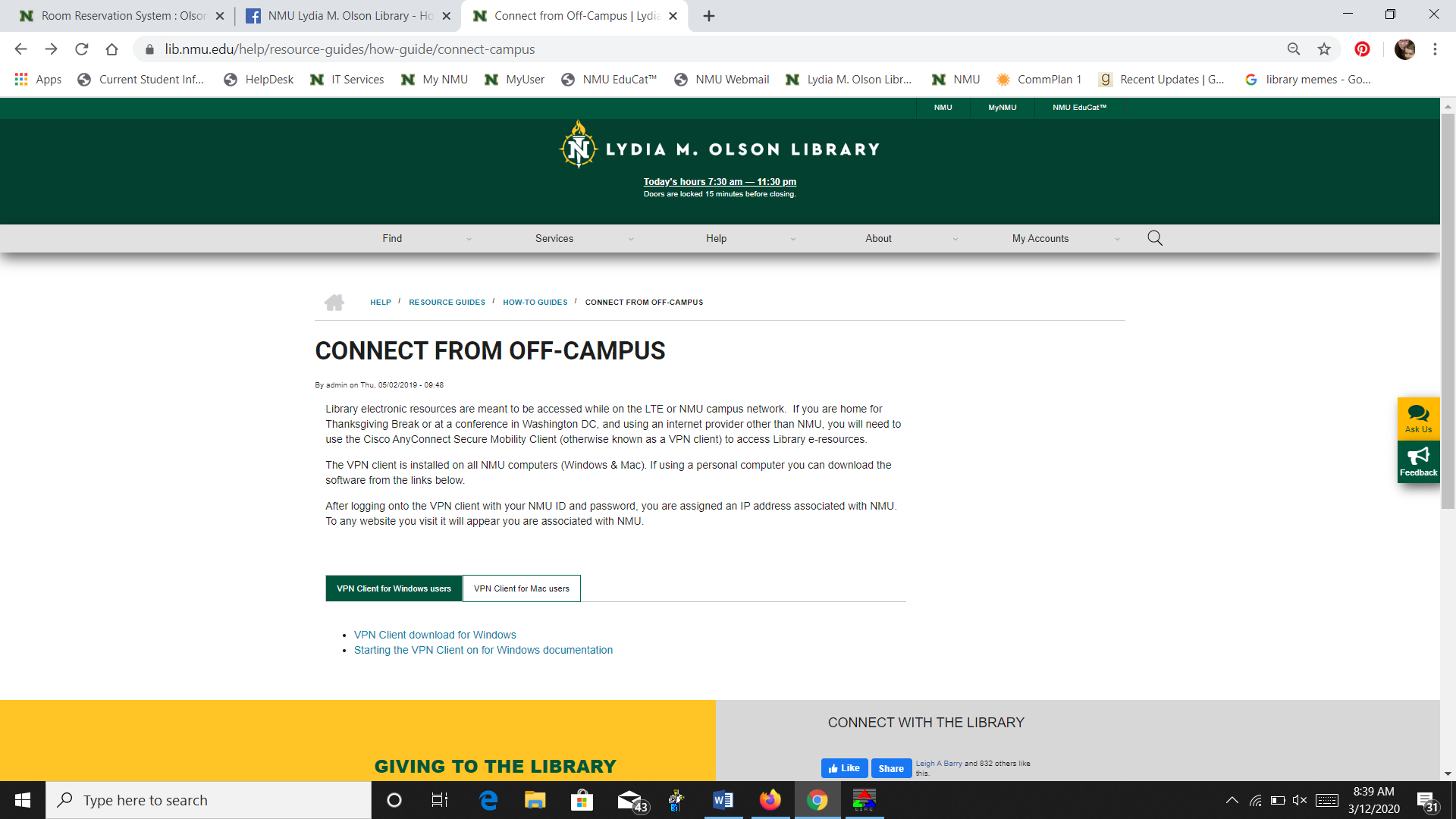 Web page--"Connect from off campus" with instructions