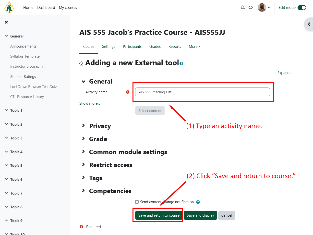 Activity setup screen with name field and save button highlighted.