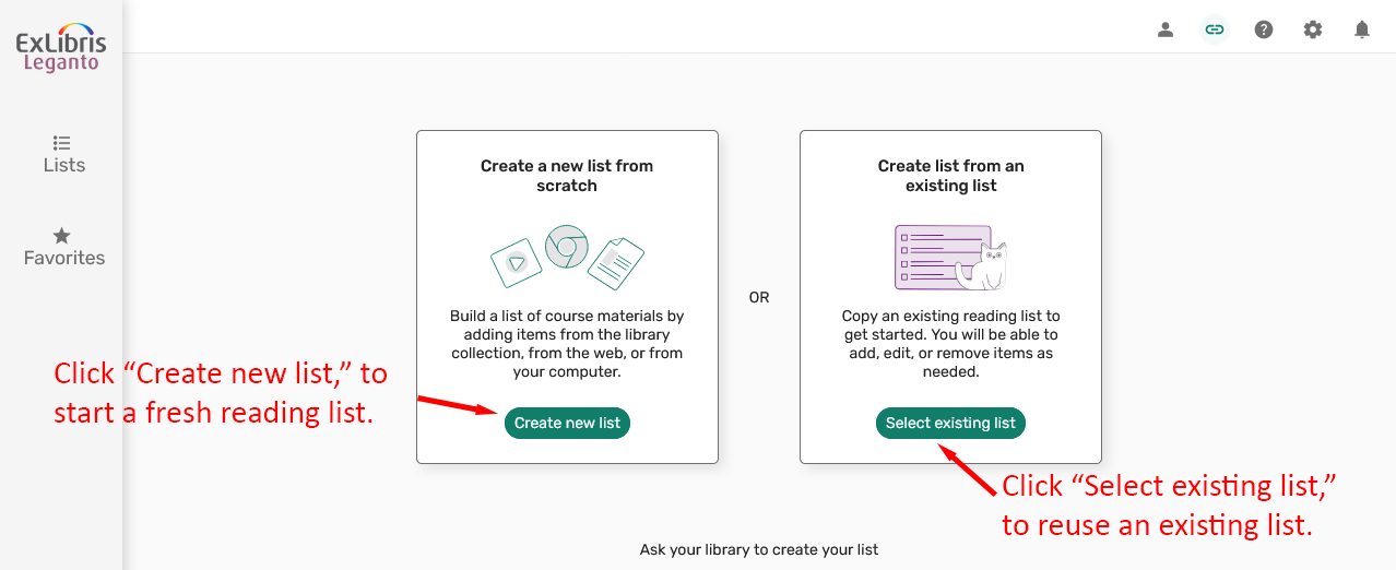 Options to create a new reading list or select an existing one.