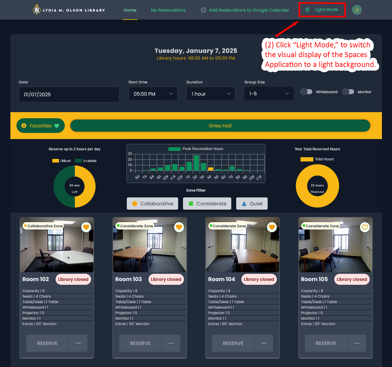 Interface showing how to enable light mode in the Spaces Application.