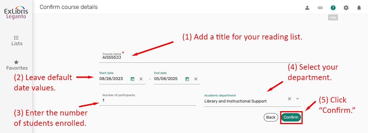 Form to confirm course details for a reading list.