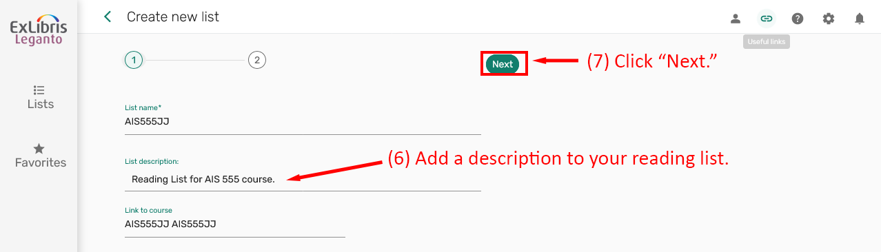 Form for adding a description to a reading list.