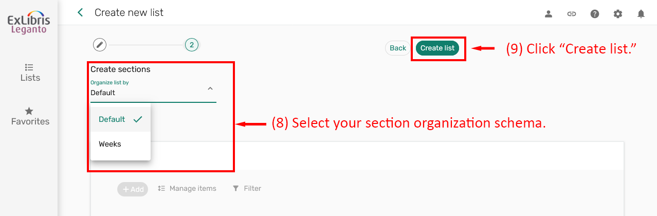 Options for selecting section organization schema for a reading list.