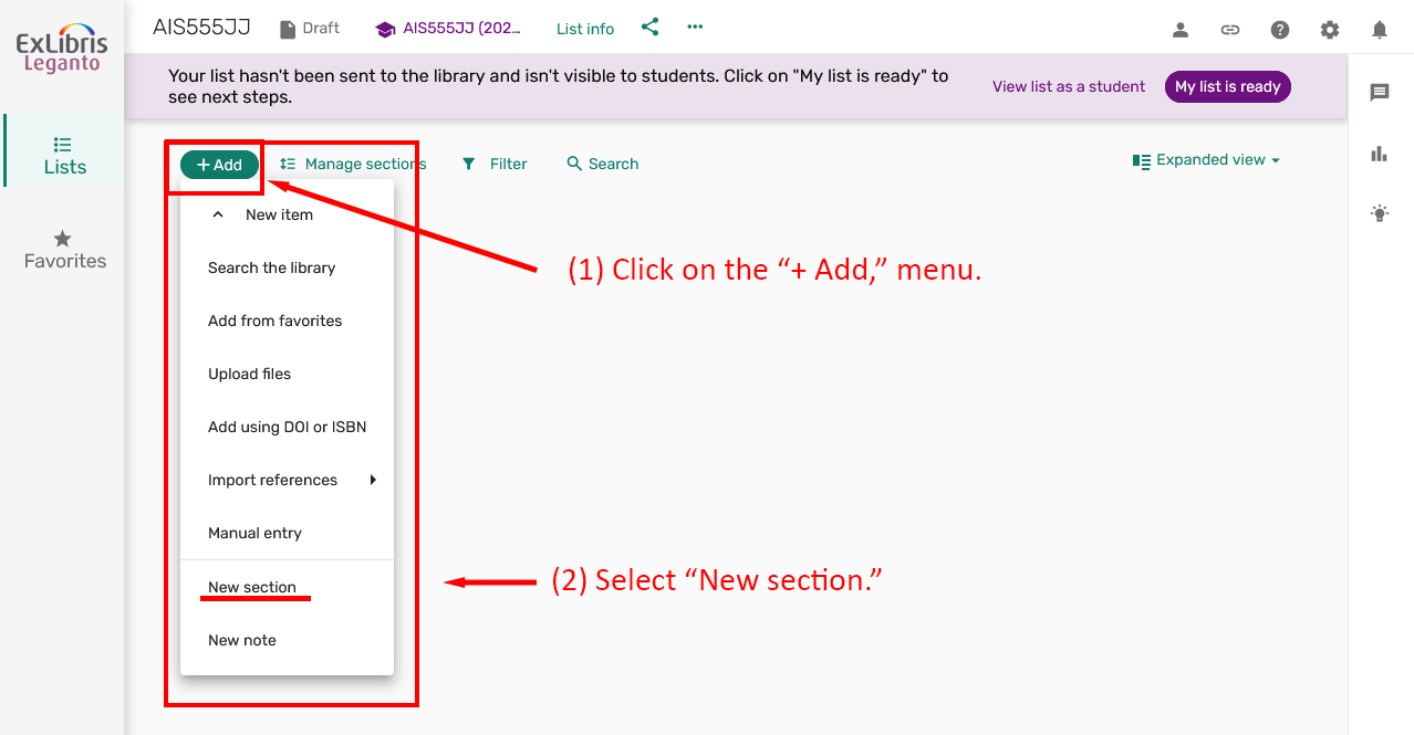 Menu for adding a new section to a reading list.