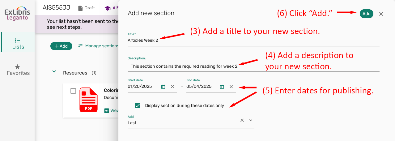 Form for adding a new section to a reading list.