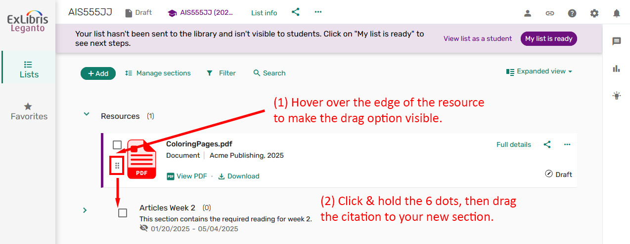 Interface showing how to drag a resource to a new section in a reading list.