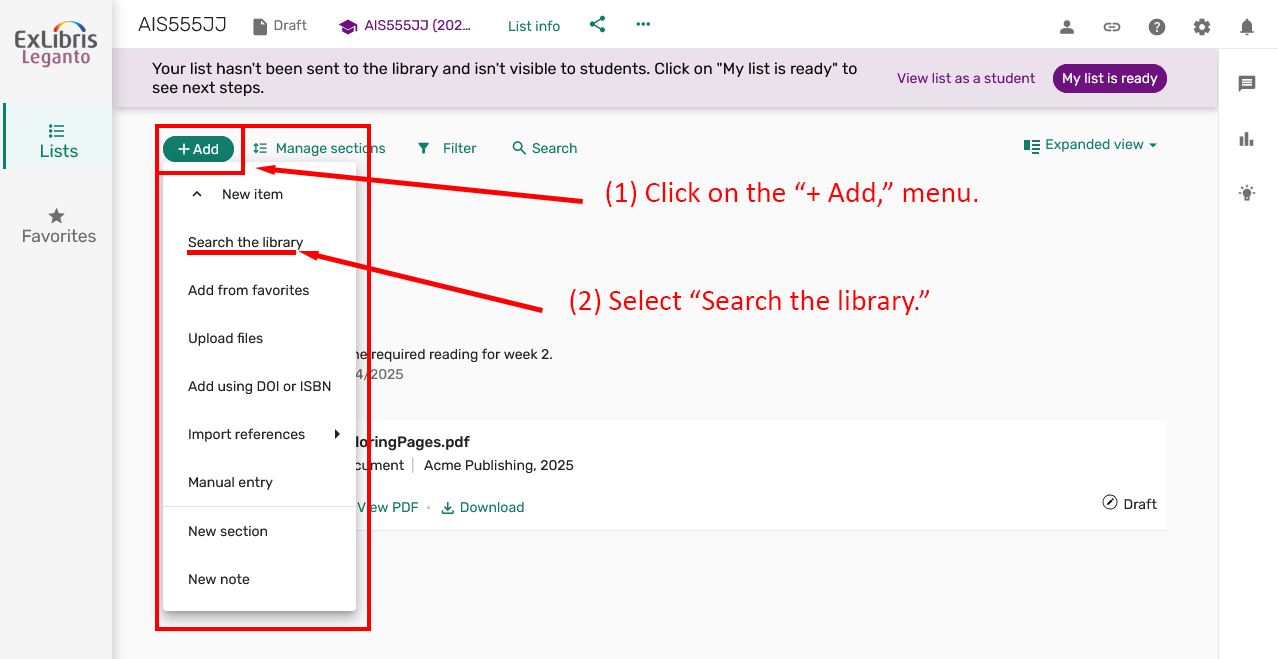 Menu option for searching the library to add resources.