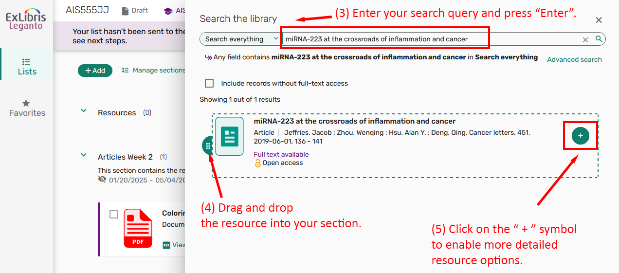 Interface showing search results and actions to add a resource to a reading list.