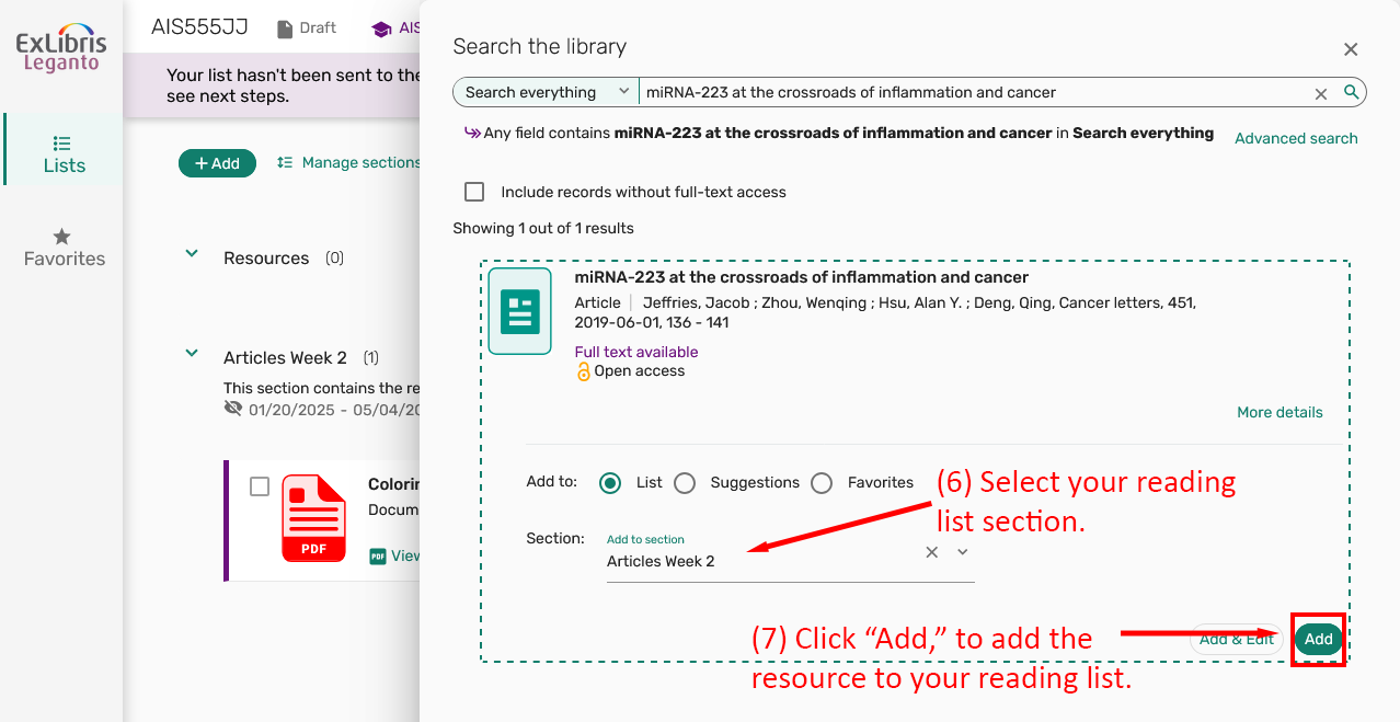 Interface showing how to add a resource to a specific section in a reading list.