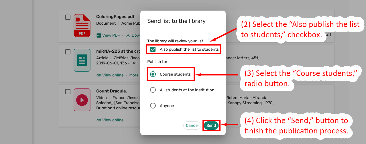 Dialog for sending a reading list to the library and publishing it to students.