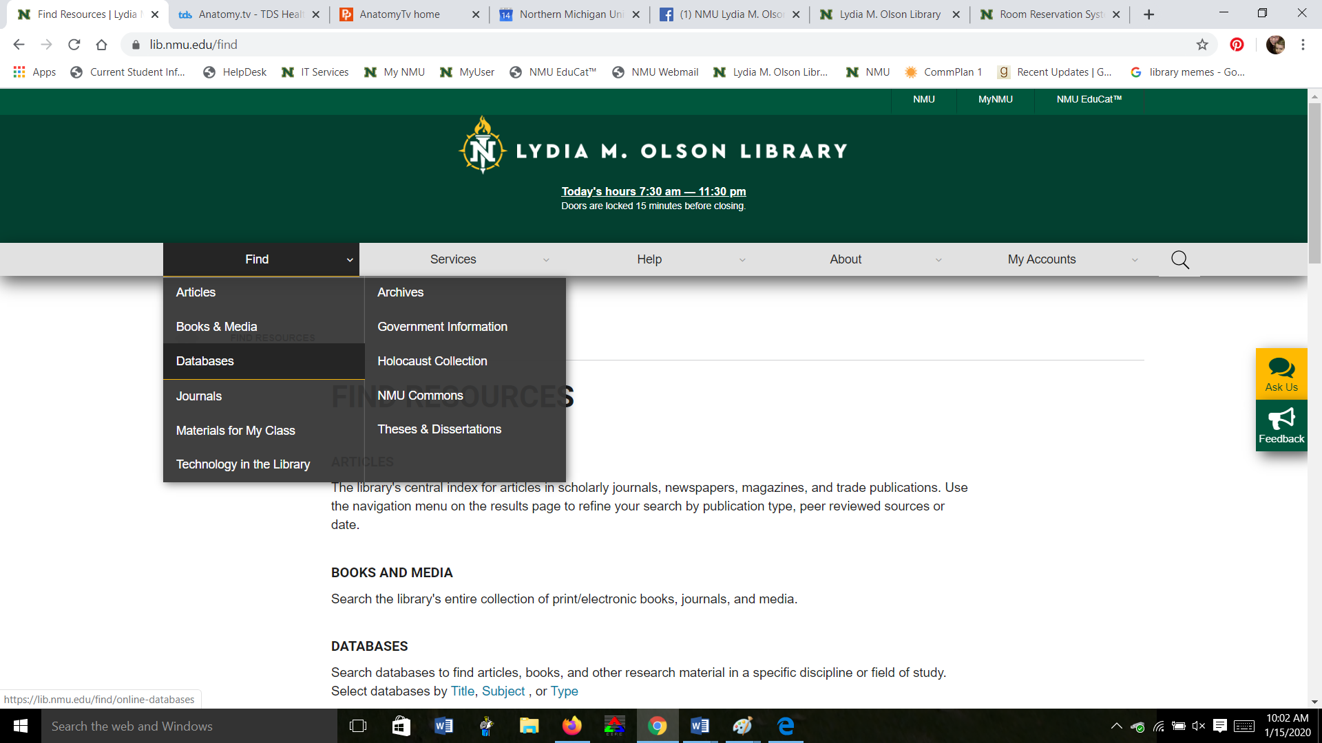 Web page image of library.nmu.edu highlighting "Find" and "Databases"