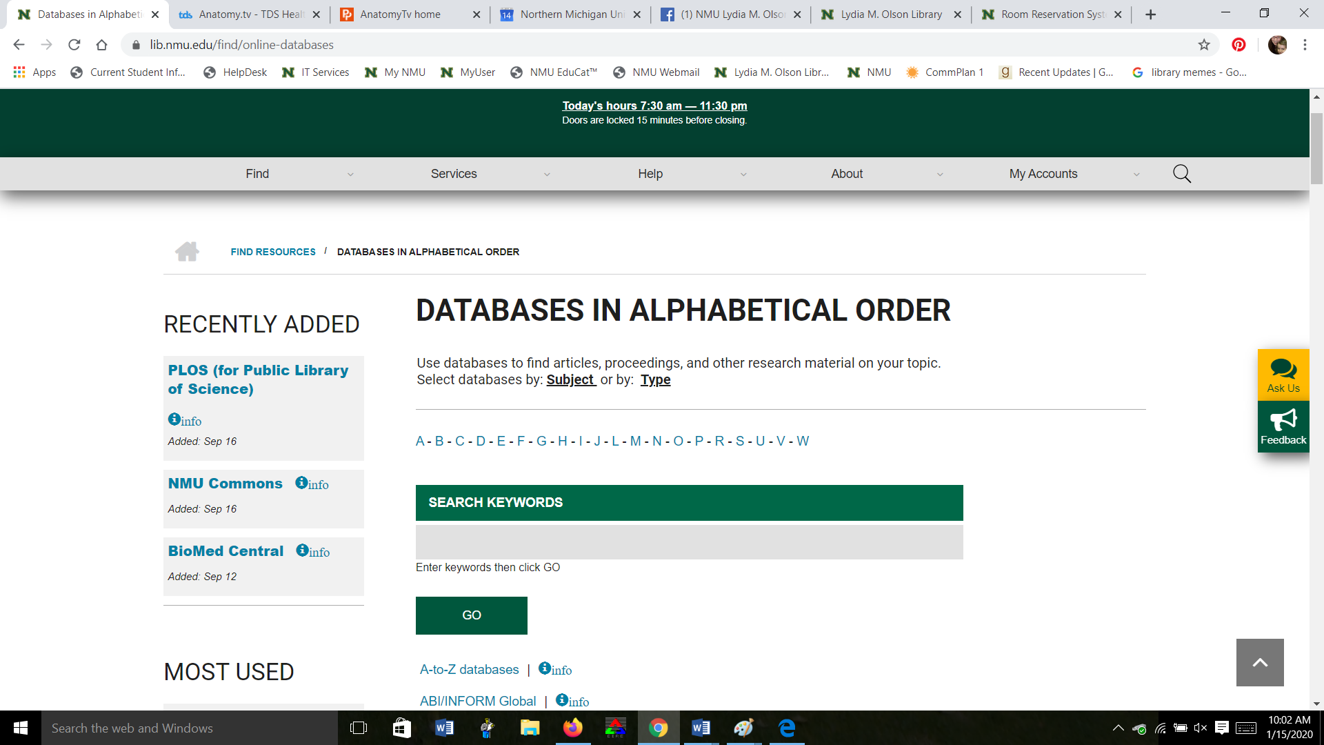 Image of web page of Databases main page of library.nmu.edu