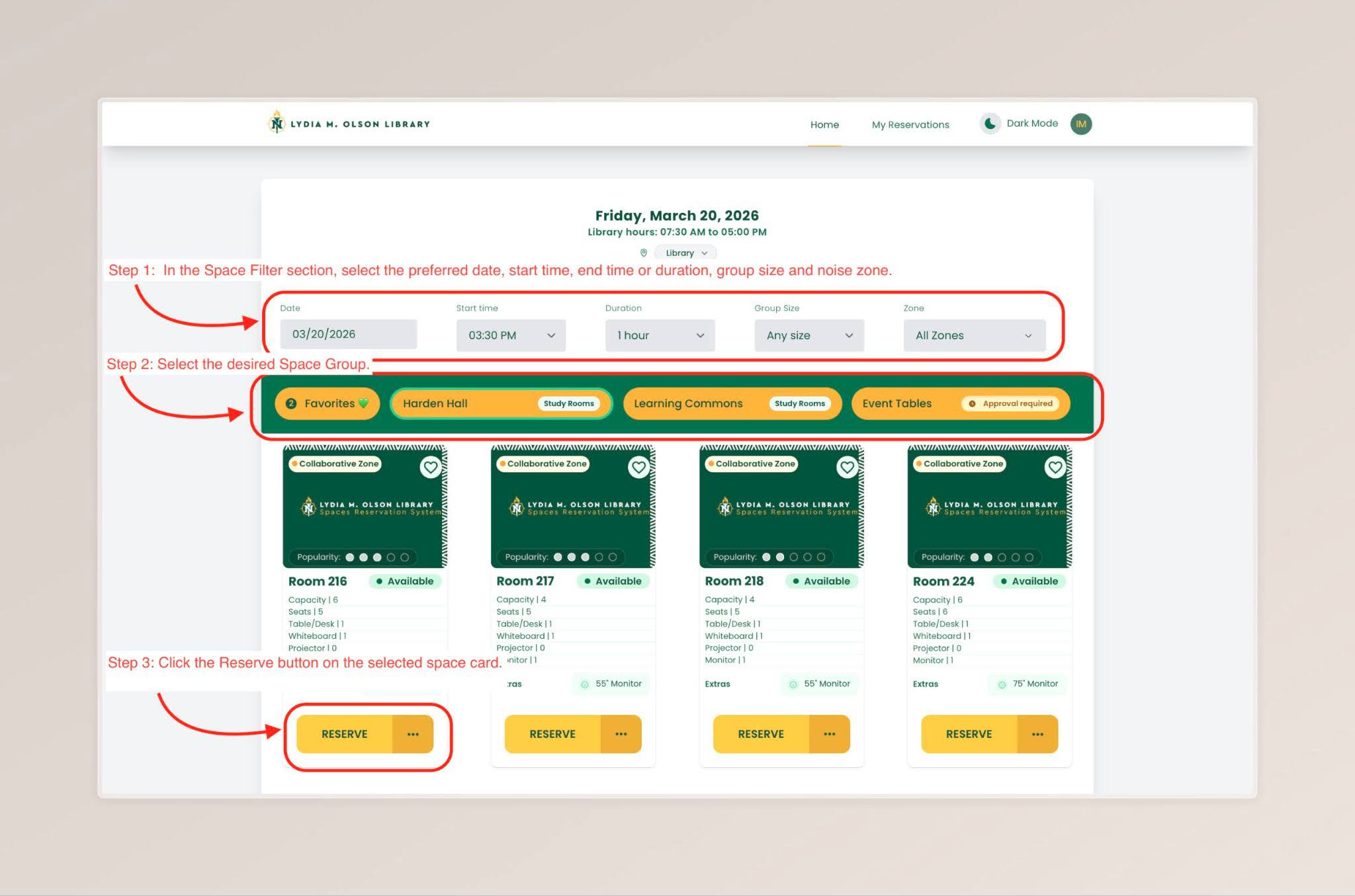 Spaces screenshot with instructions for reserving a space for yourself.