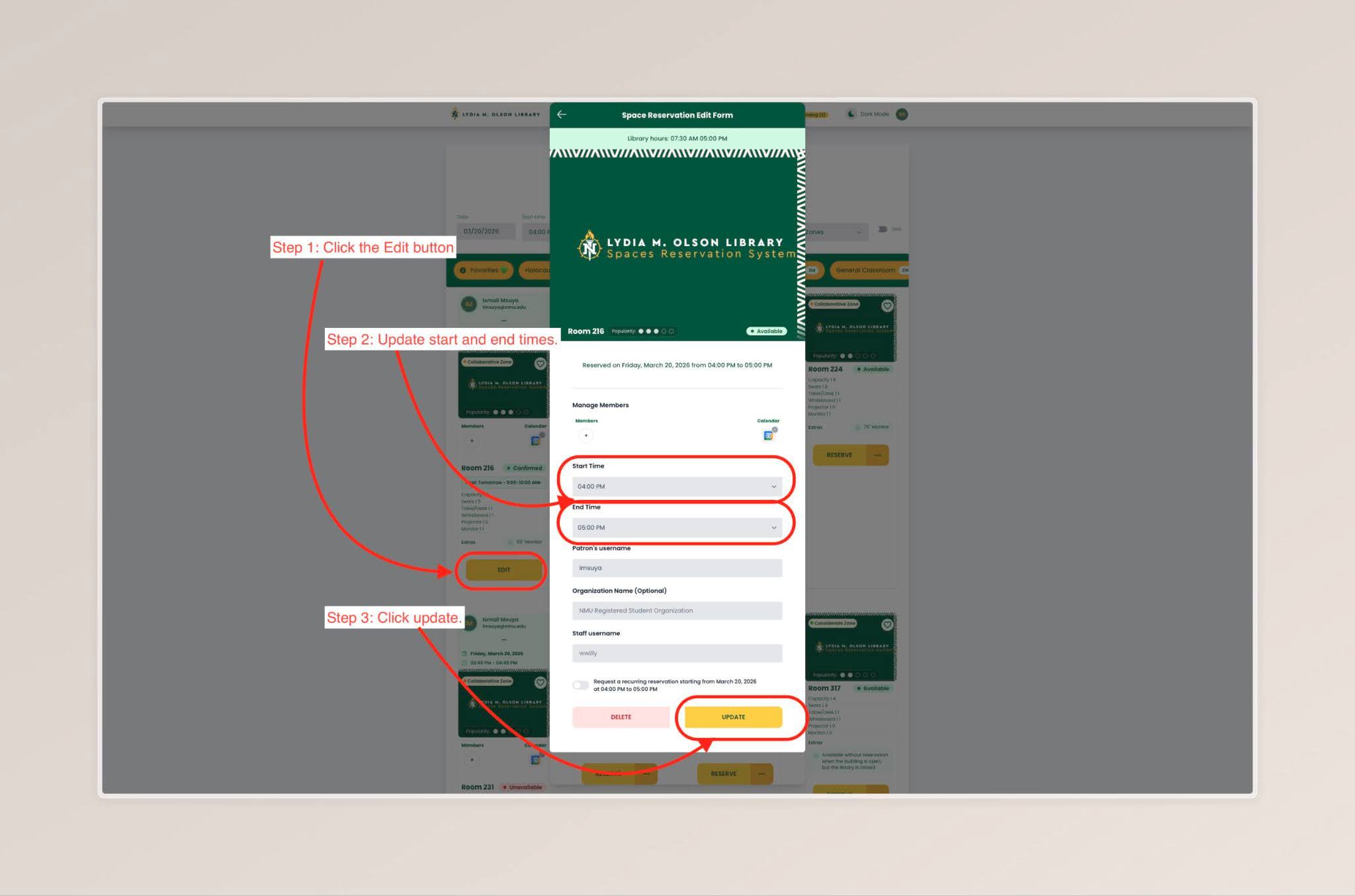 Spaces system screen shot with instructions to modify a reservation.