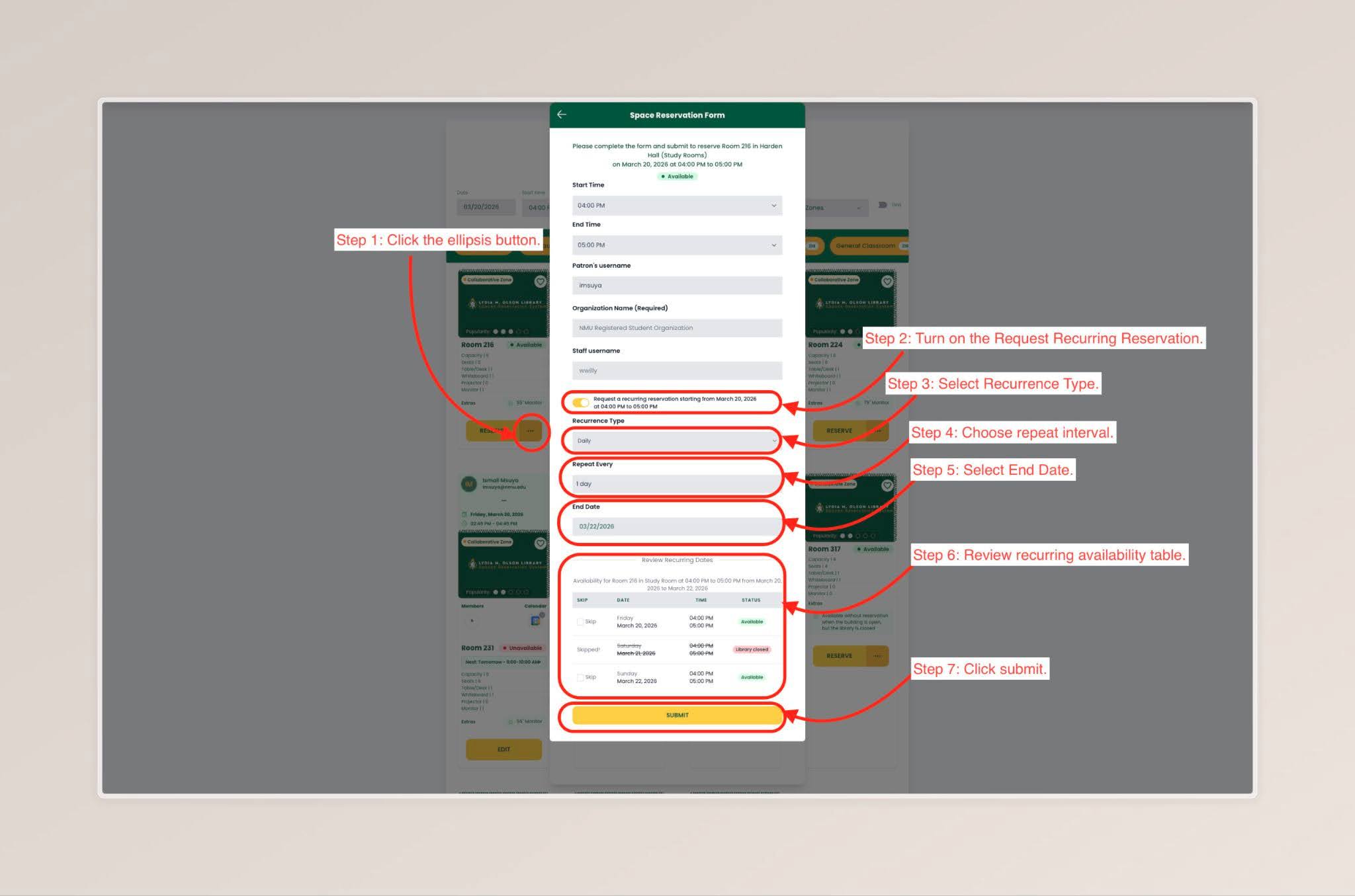 Spaces screen shot with instructions for making a recursing reservation.